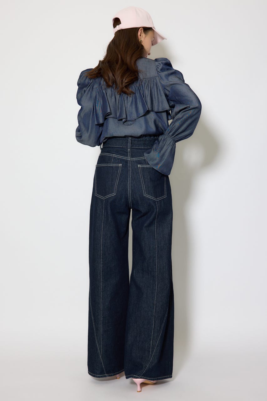 BIGリボンダンガリーパターンブラウス D/BLU FREE