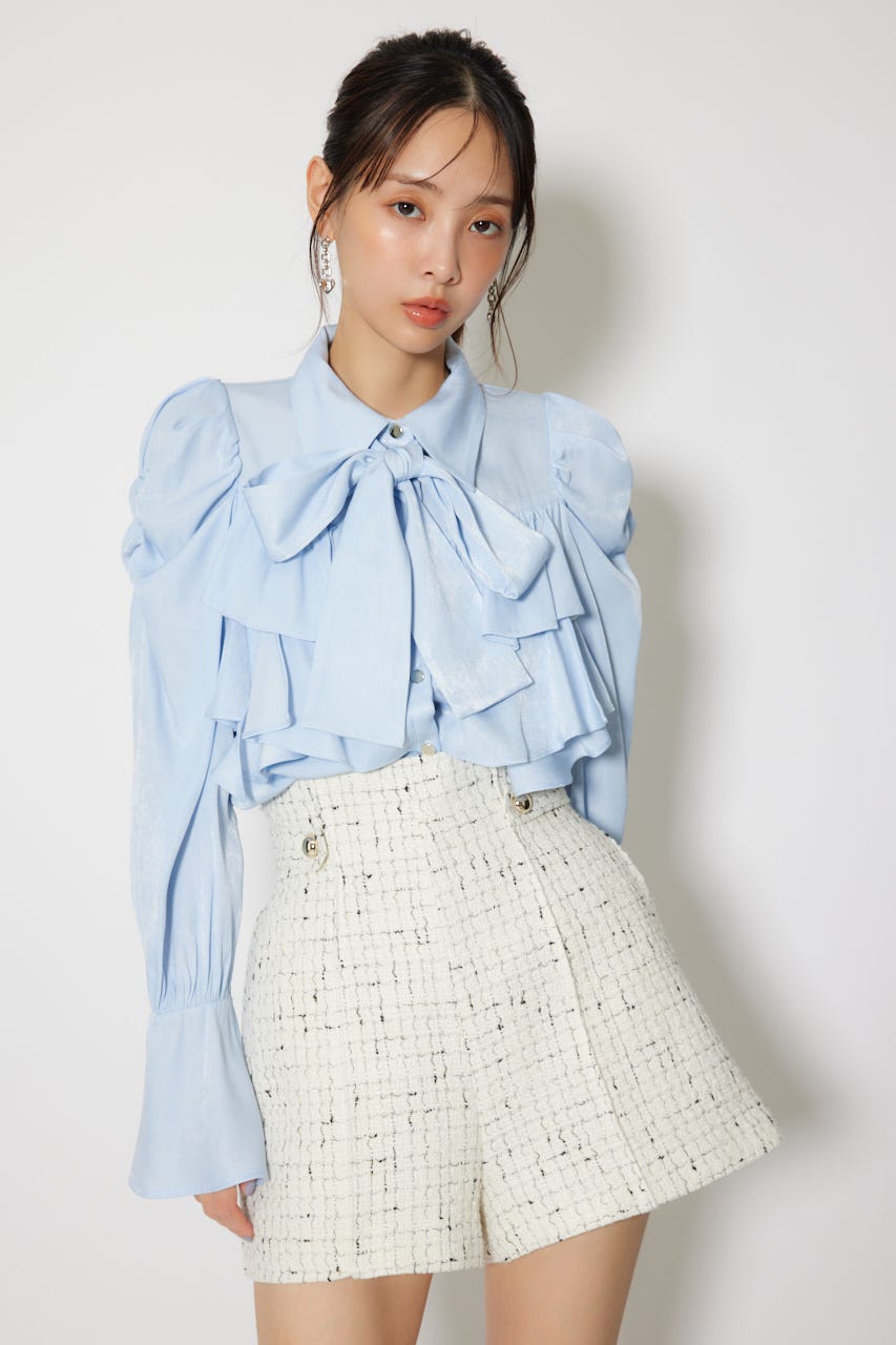 BIGリボンダンガリーパターンブラウス L/BLU FREE