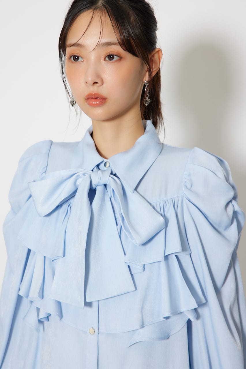 BIGリボンダンガリーパターンブラウス L/BLU FREE