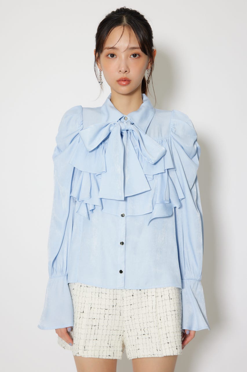 BIGリボンダンガリーパターンブラウス L/BLU FREE