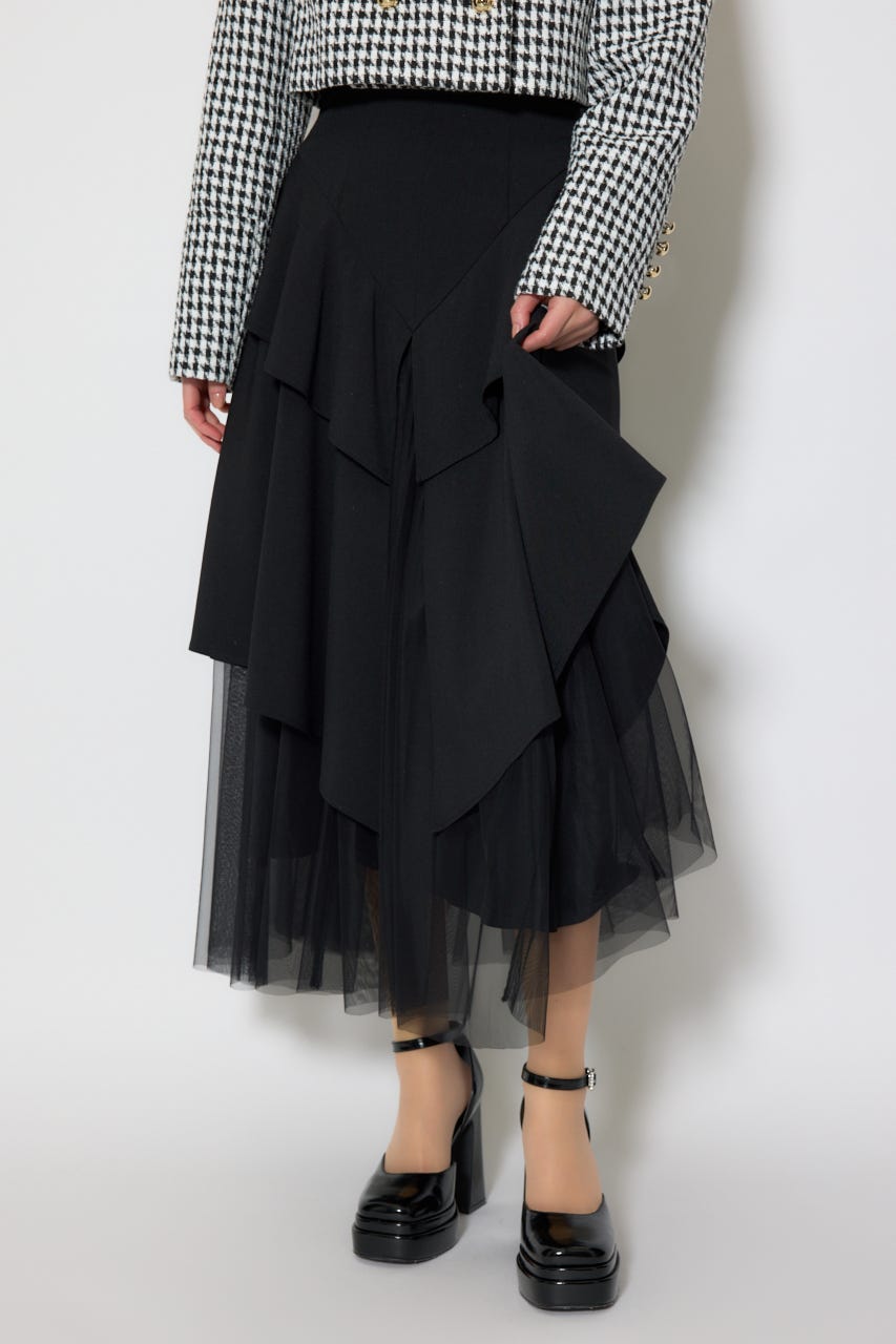 チュールレイヤードラッフルジャストウエストスカート BLK S