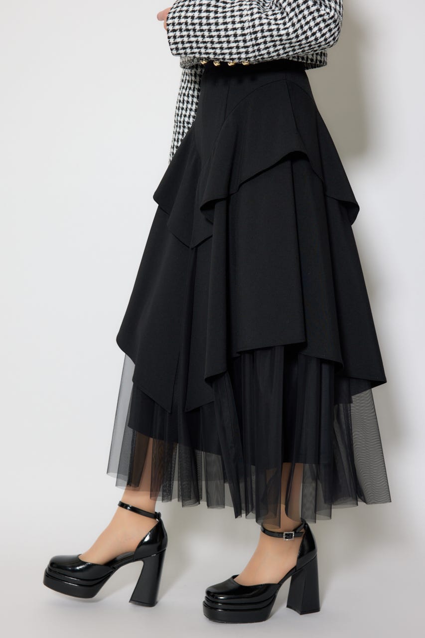 チュールレイヤードラッフルジャストウエストスカート BLK S