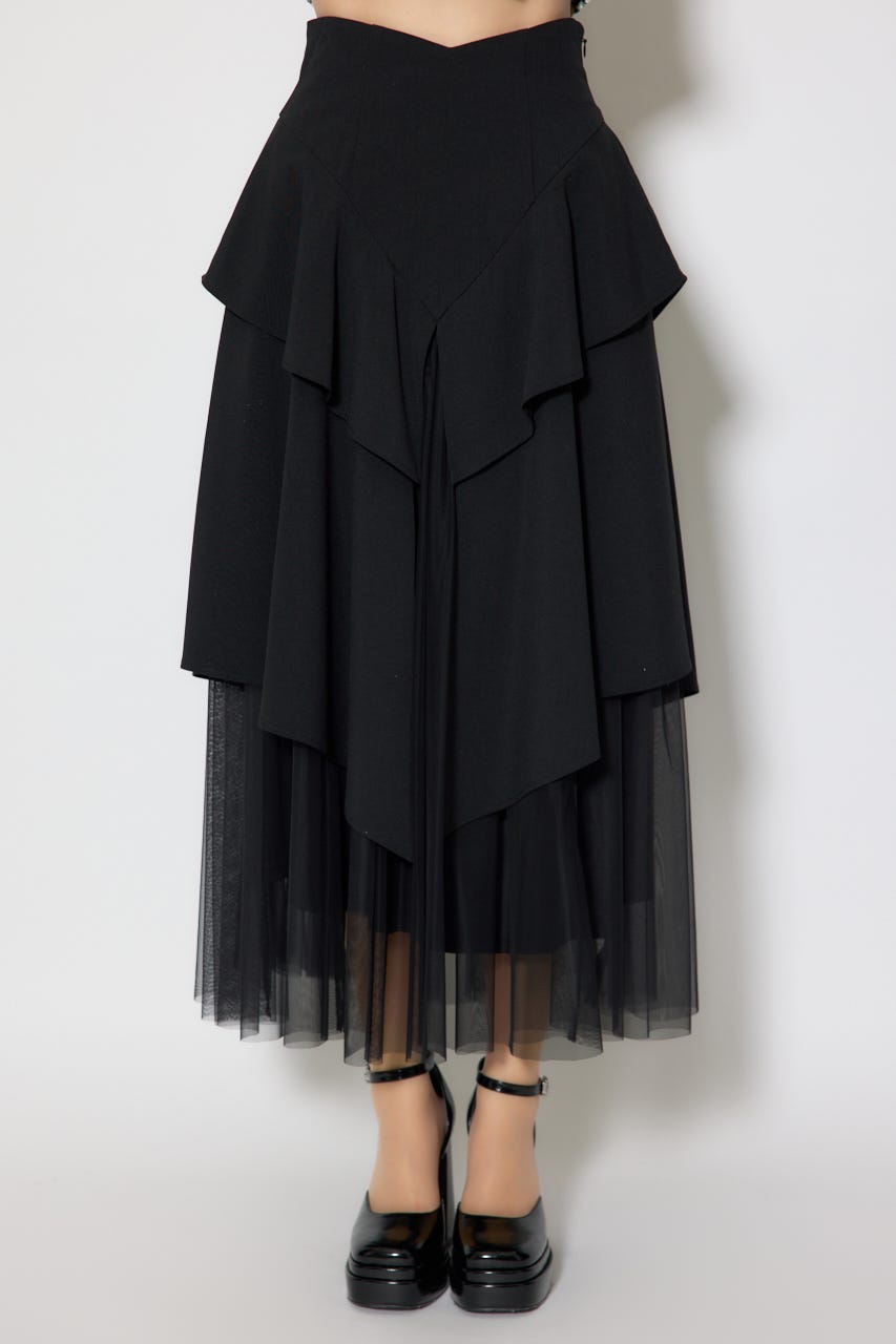 チュールレイヤードラッフルジャストウエストスカート BLK S