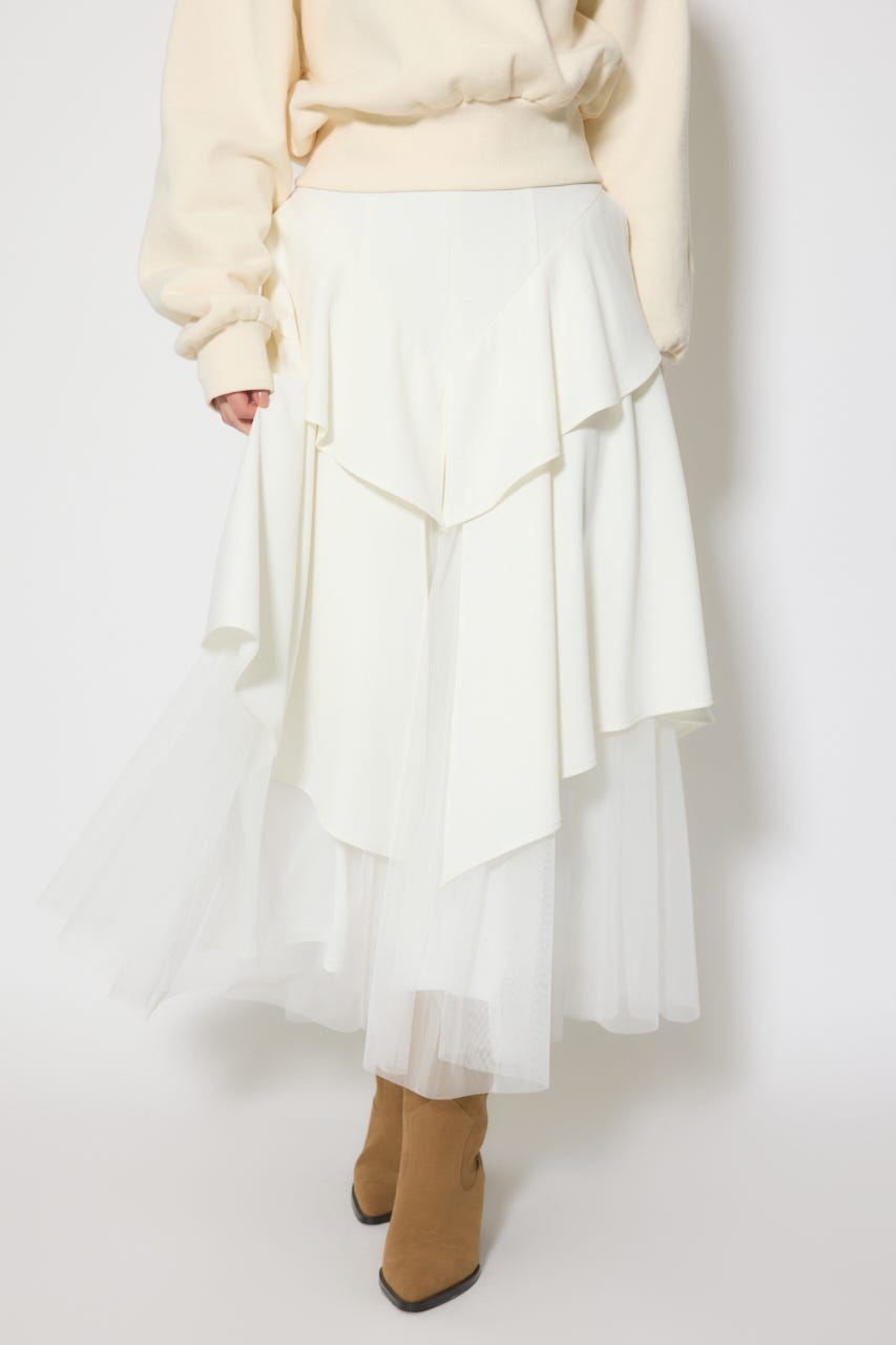 チュールレイヤードラッフルジャストウエストスカート WHT M