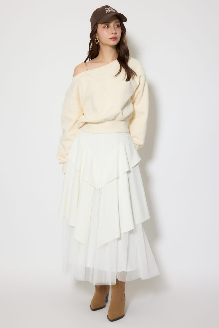 チュールレイヤードラッフルジャストウエストスカート WHT M