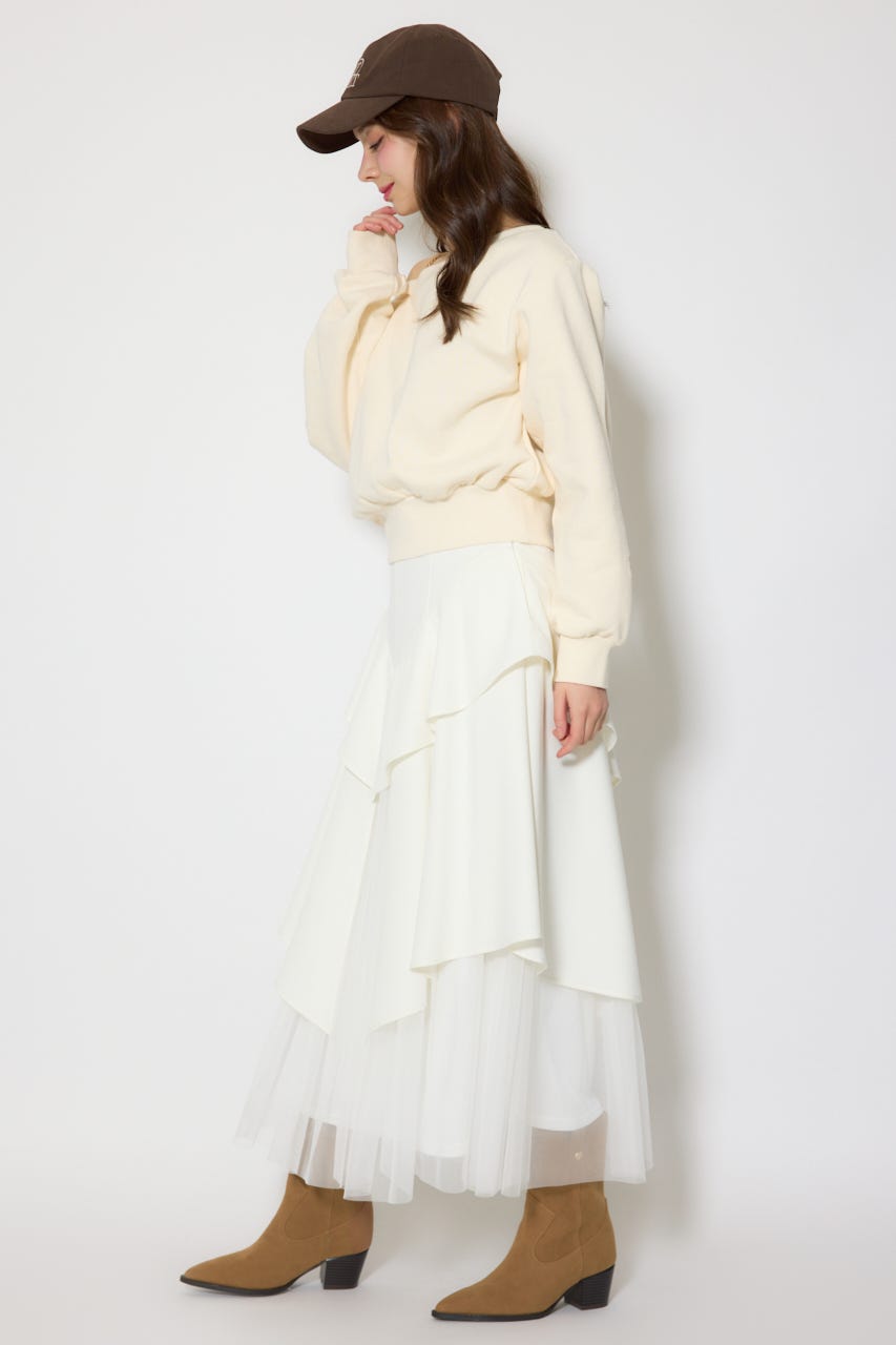 チュールレイヤードラッフルジャストウエストスカート WHT M