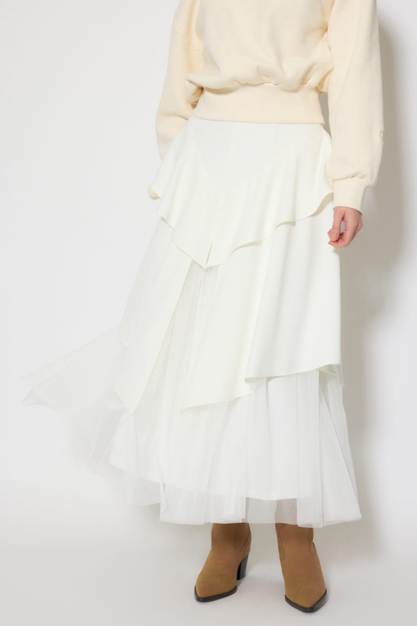チュールレイヤードラッフルジャストウエストスカート WHT M