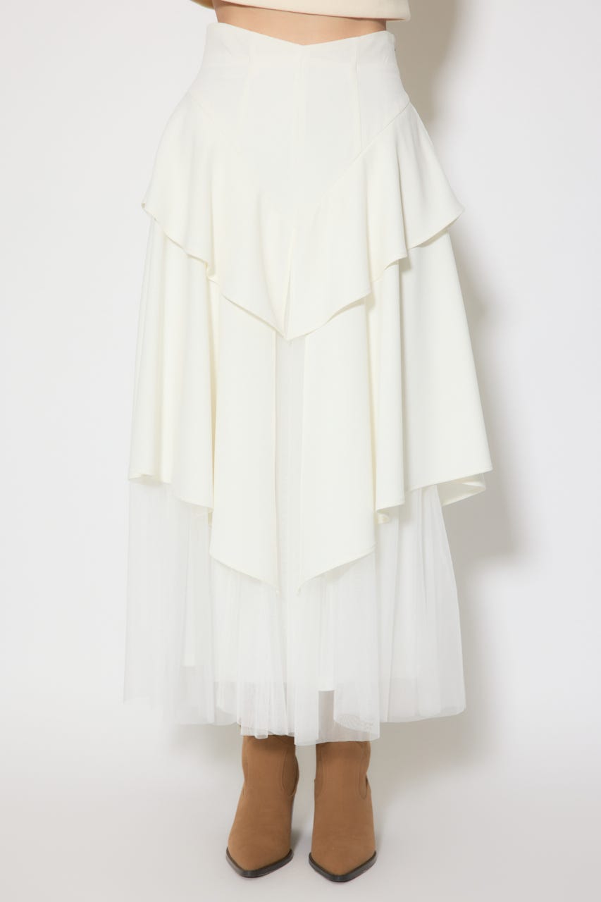 チュールレイヤードラッフルジャストウエストスカート WHT M
