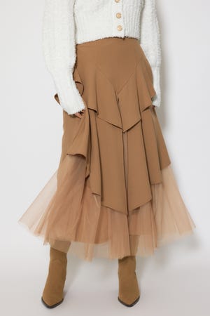 チュールレイヤードラッフルジャストウエストスカート