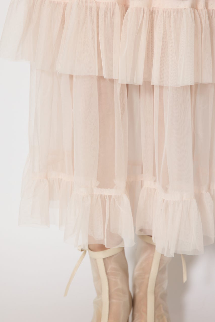 ティアードフレアチュールジャストウエストスカート PNK S