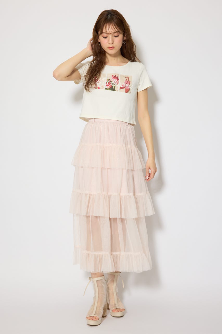 ティアードフレアチュールジャストウエストスカート PNK S