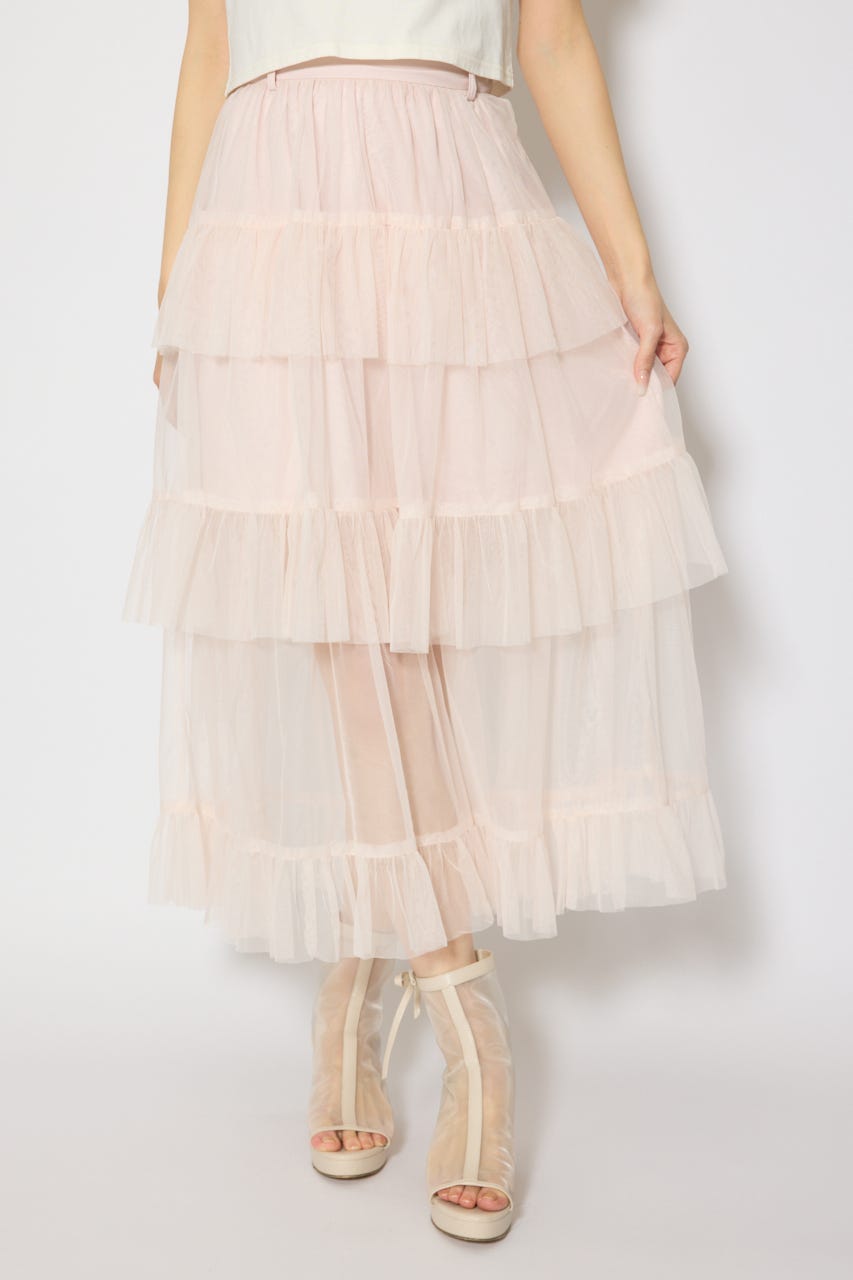 ティアードフレアチュールジャストウエストスカート PNK S