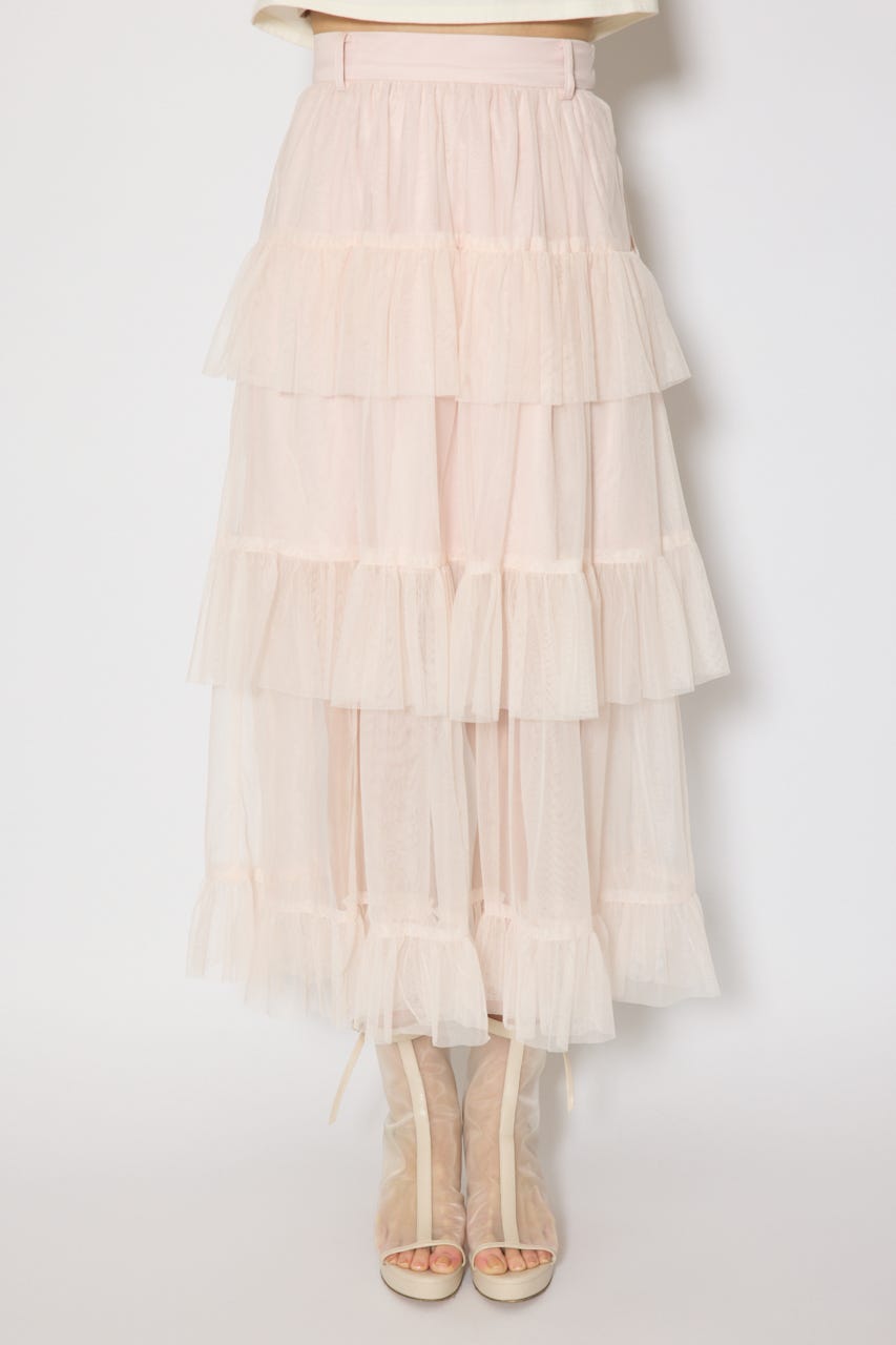 ティアードフレアチュールジャストウエストスカート PNK S