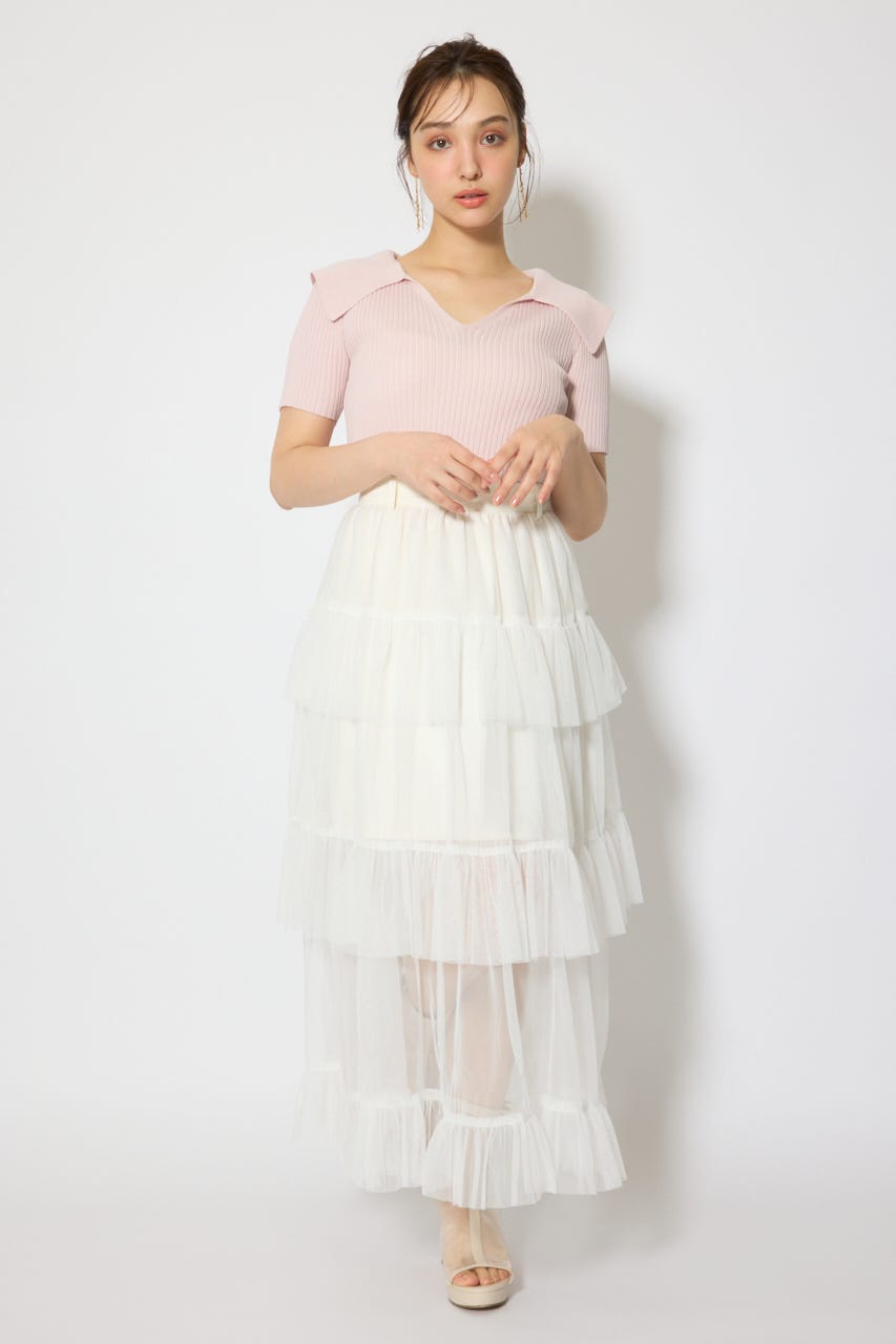 ティアードフレアチュールジャストウエストスカート WHT S