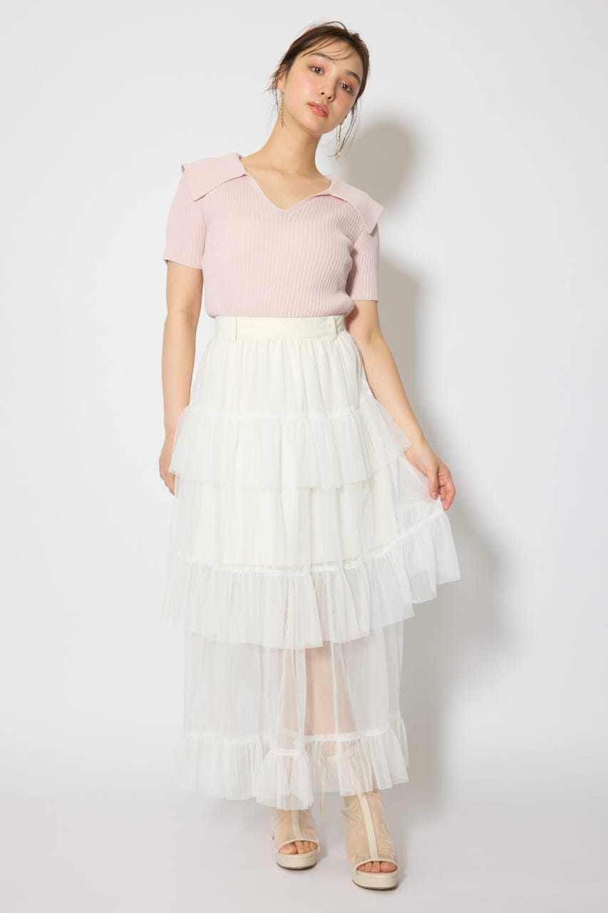 ティアードフレアチュールジャストウエストスカート WHT S