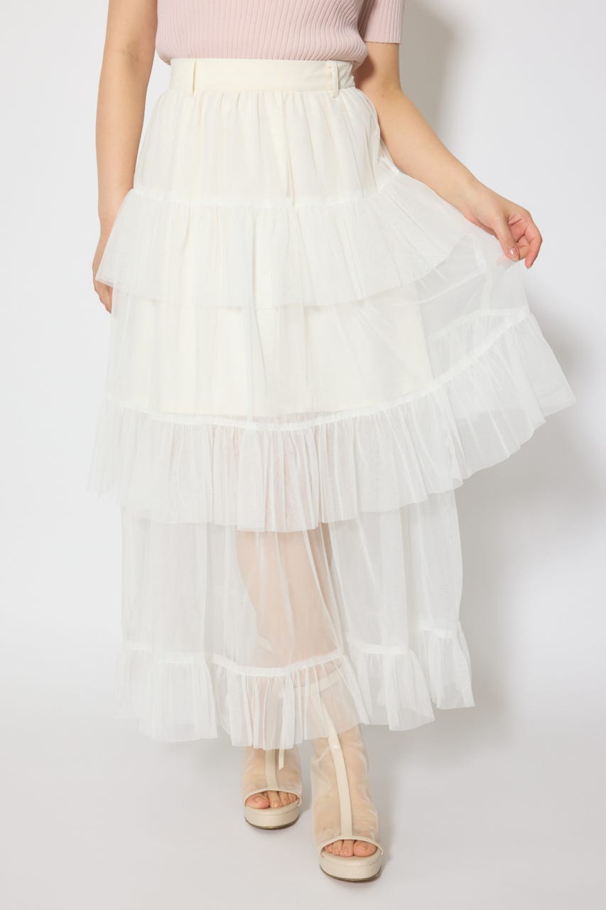 ティアードフレアチュールジャストウエストスカート WHT S