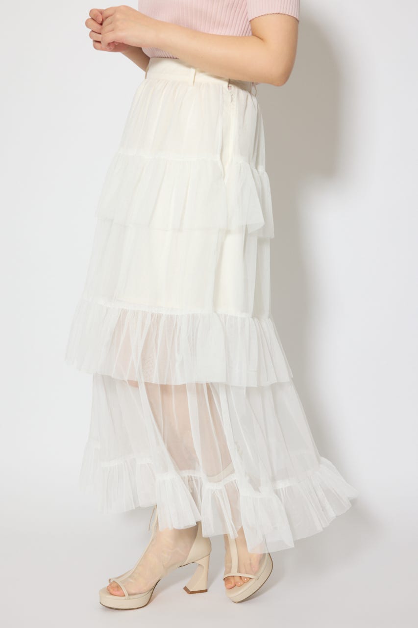 ティアードフレアチュールジャストウエストスカート WHT S