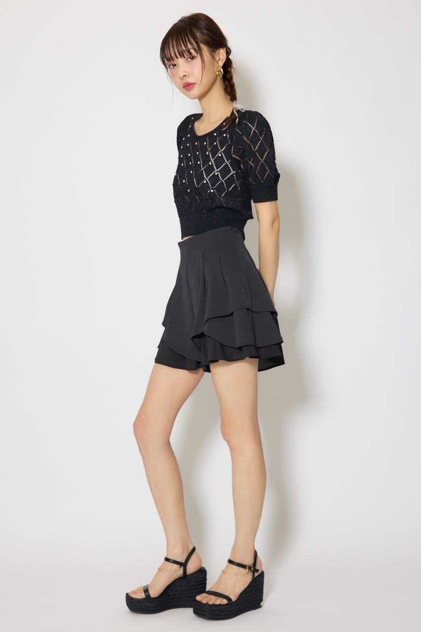 レイヤードパターンジャストウエストスコートショートパンツ BLK M
