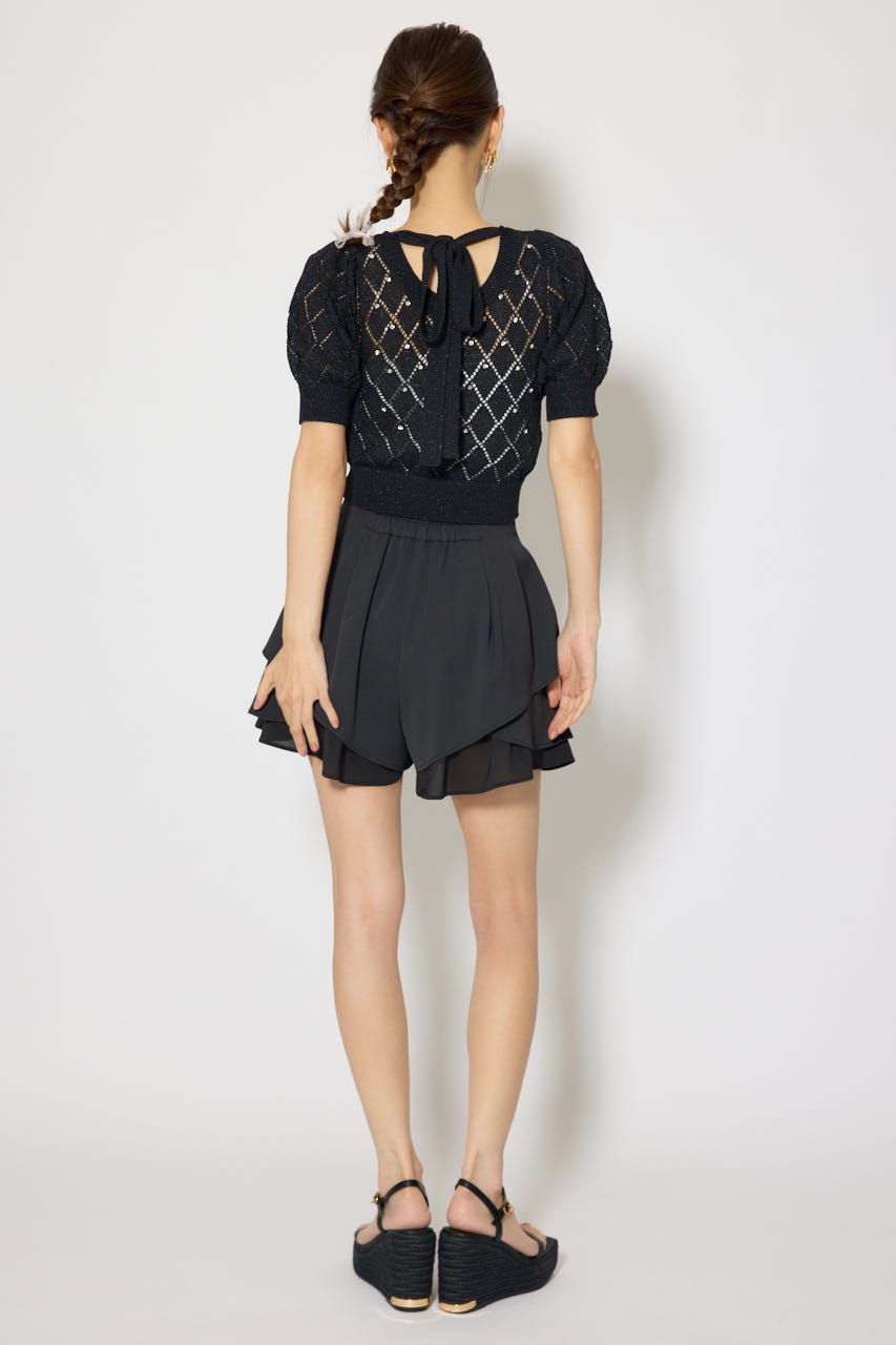 レイヤードパターンジャストウエストスコートショートパンツ BLK M