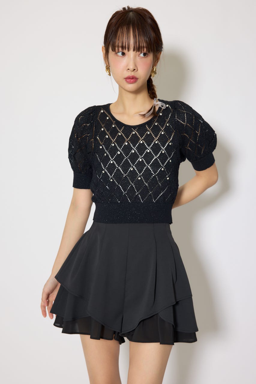 レイヤードパターンジャストウエストスコートショートパンツ BLK M