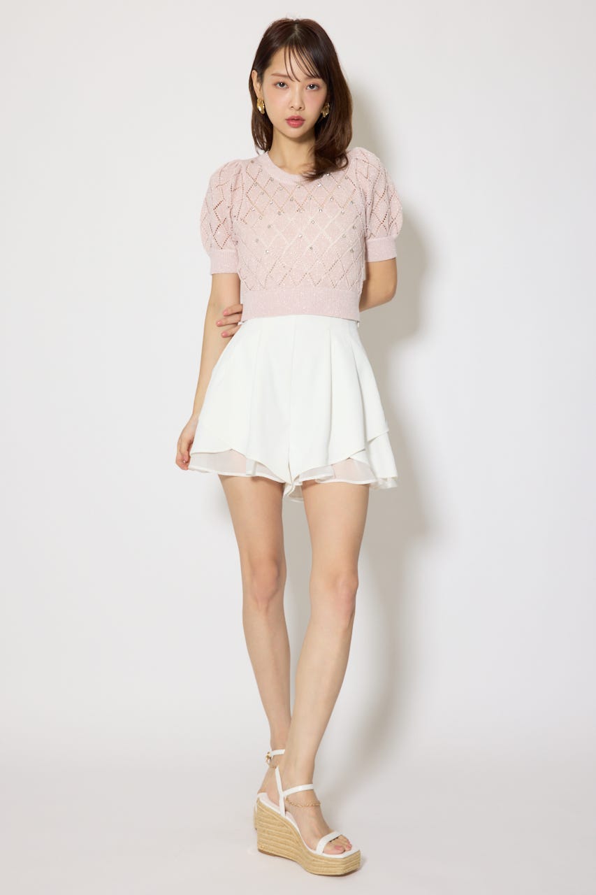 レイヤードパターンジャストウエストスコートショートパンツ WHT XS