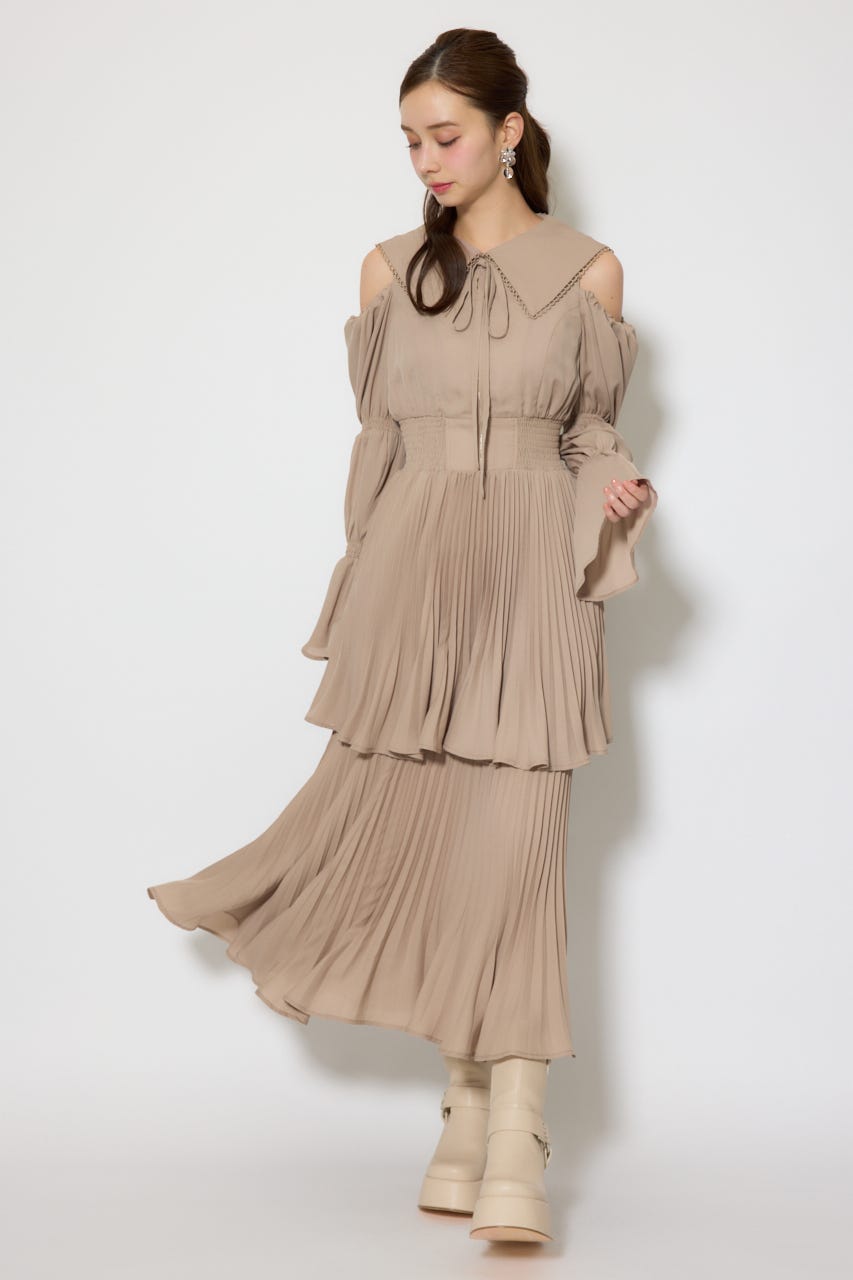 BIGカラープリーツフレアワンピース BEG FREE