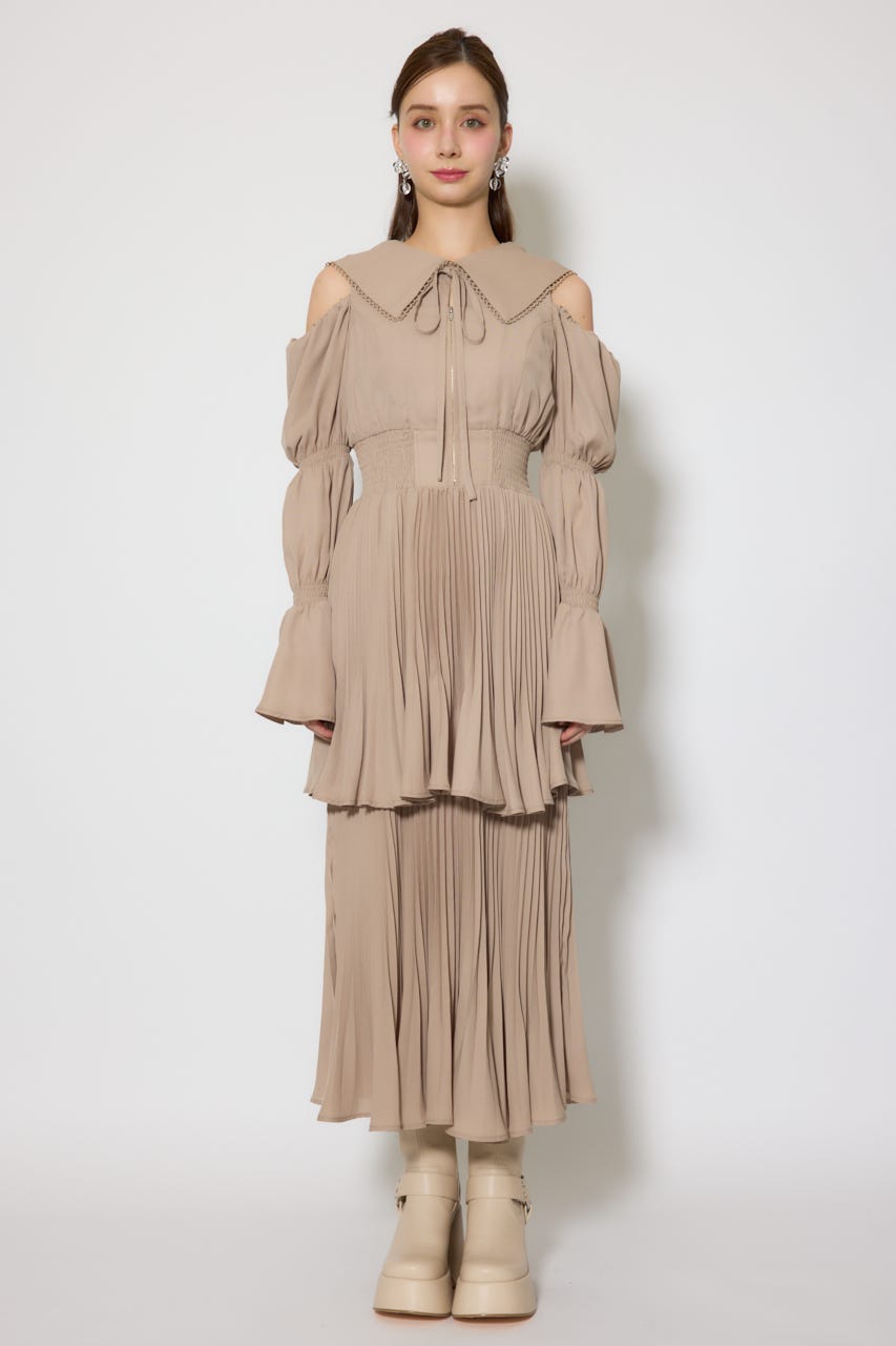 BIGカラープリーツフレアワンピース BEG FREE