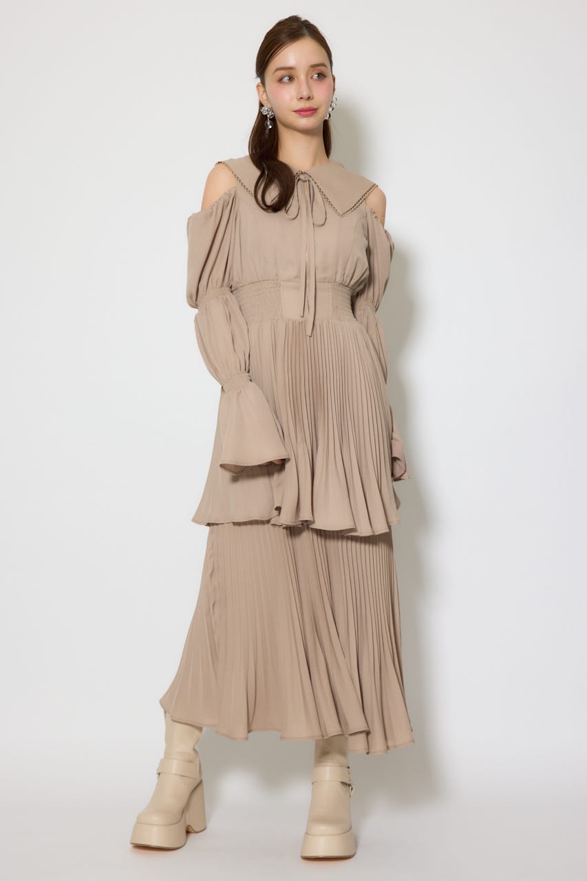 BIGカラープリーツフレアワンピース BEG FREE