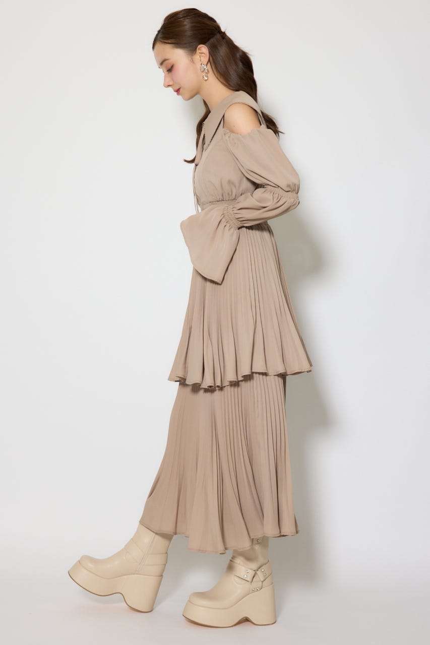 BIGカラープリーツフレアワンピース BEG FREE