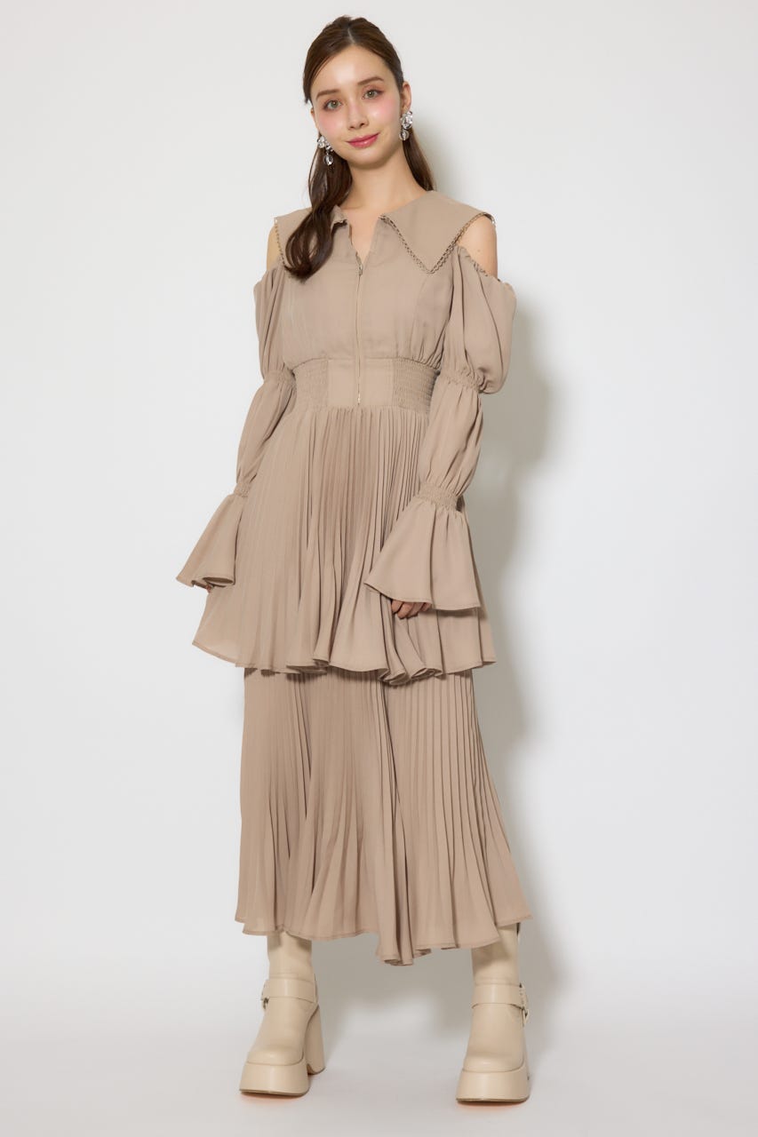 BIGカラープリーツフレアワンピース BEG FREE