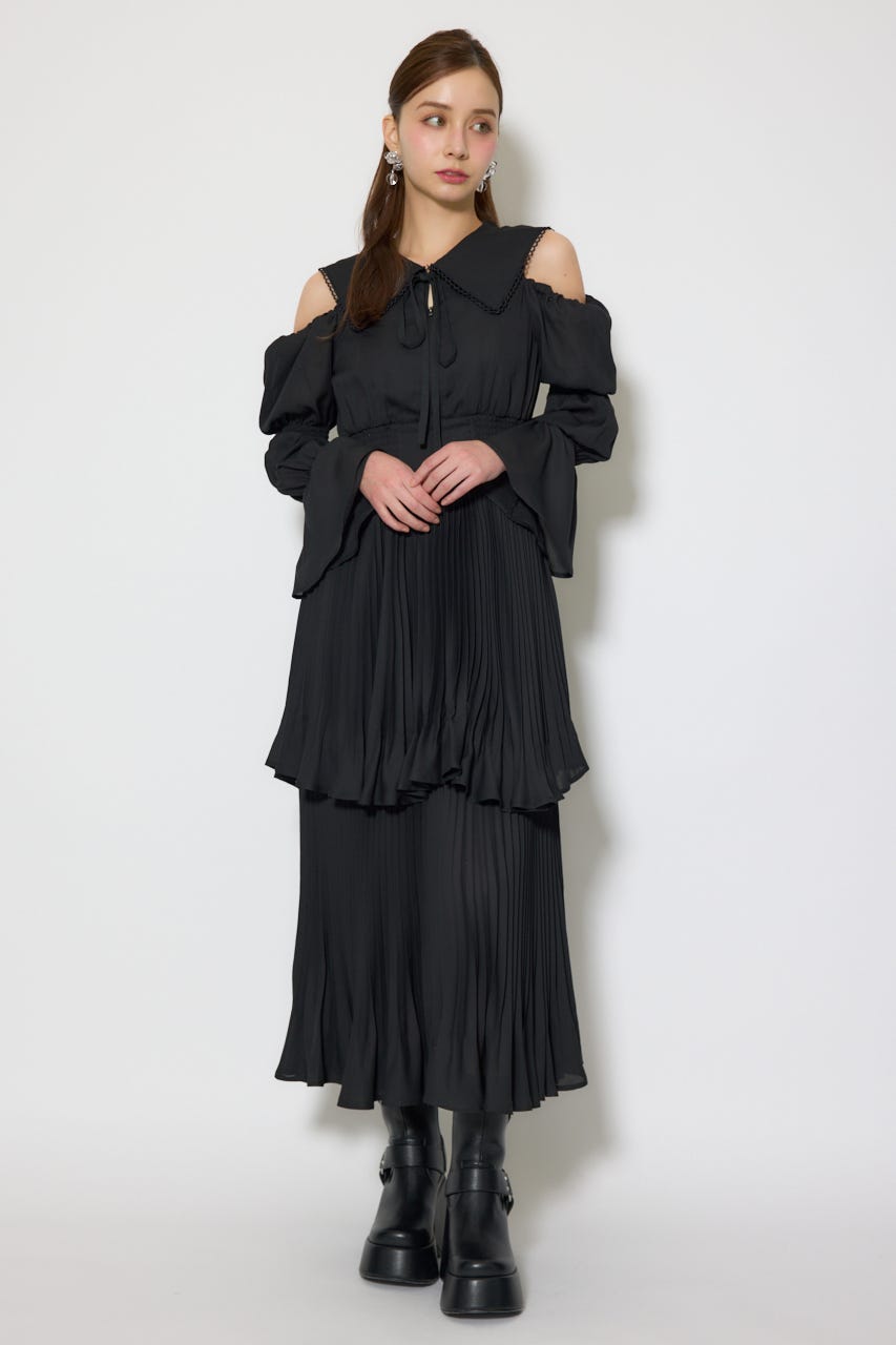 BIGカラープリーツフレアワンピース BLK FREE