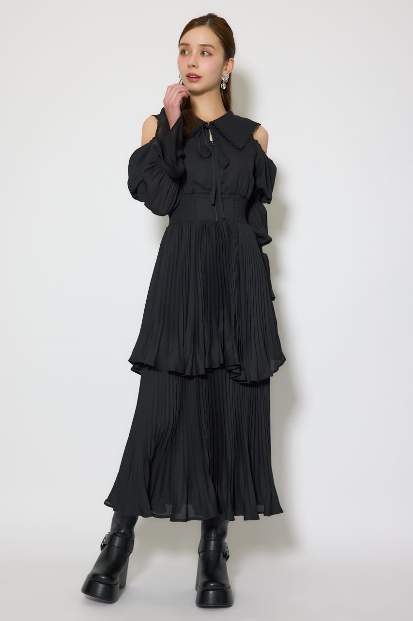 BIGカラープリーツフレアワンピース BLK FREE