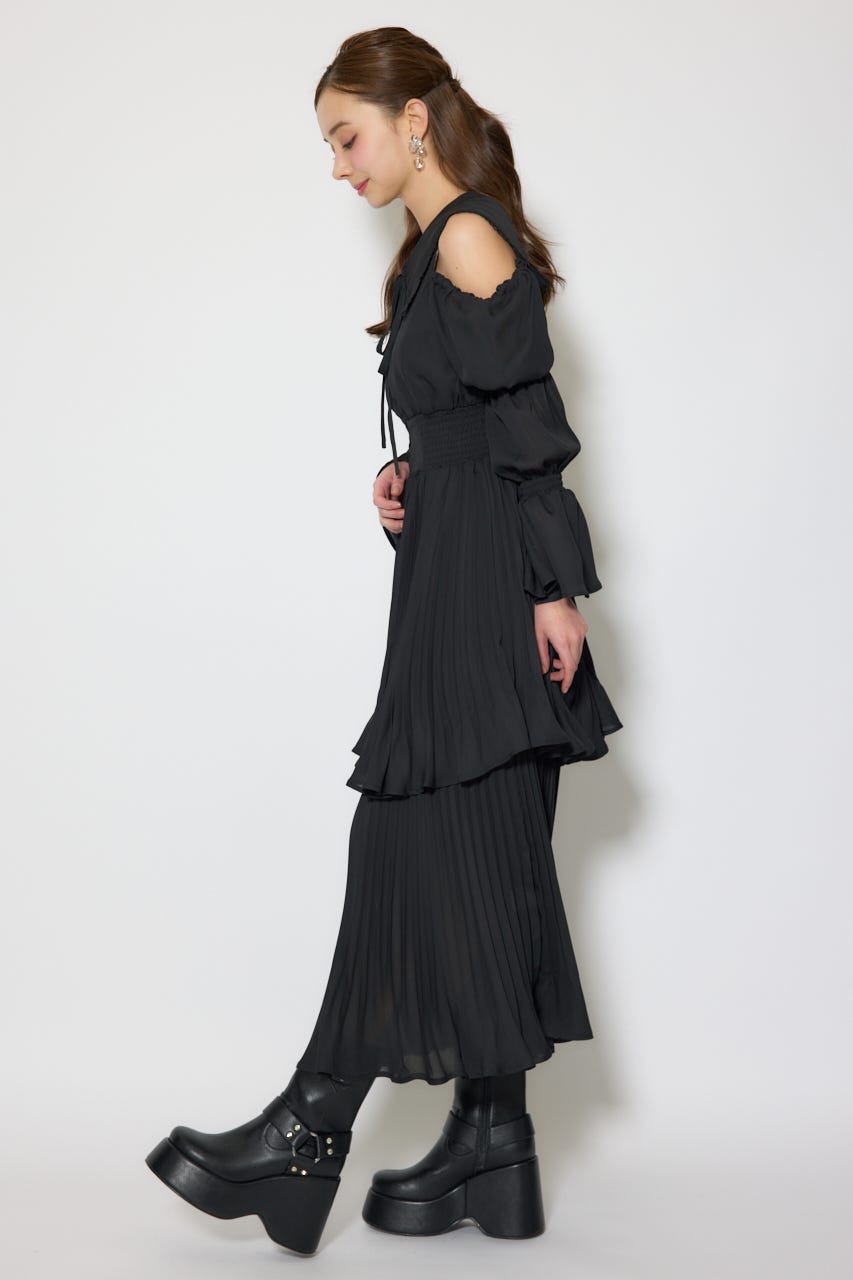 BIGカラープリーツフレアワンピース BLK FREE