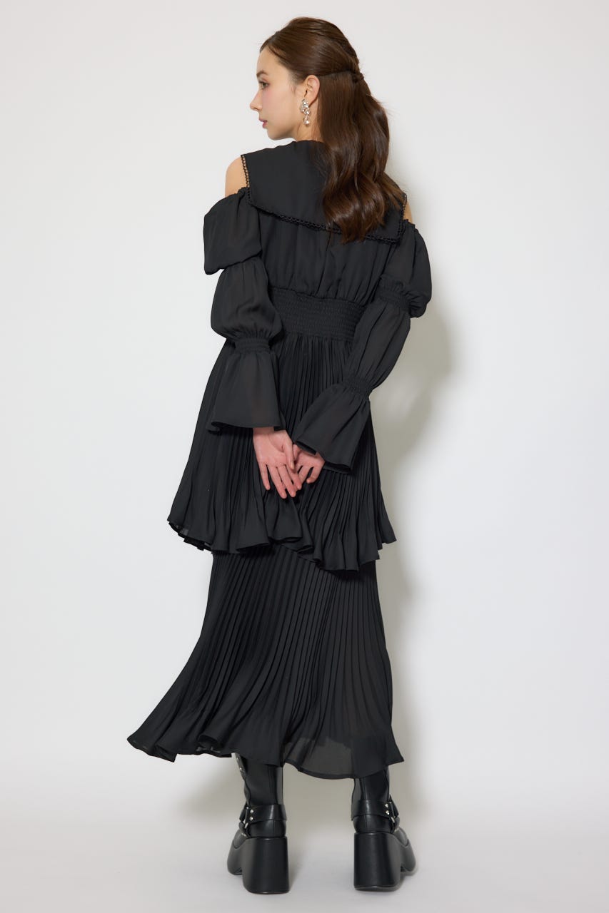 BIGカラープリーツフレアワンピース BLK FREE