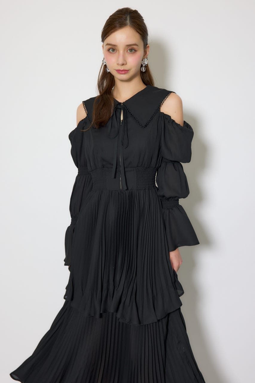 BIGカラープリーツフレアワンピース BLK FREE