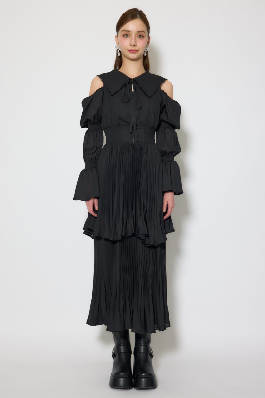 BIGカラープリーツフレアワンピース BLK FREE