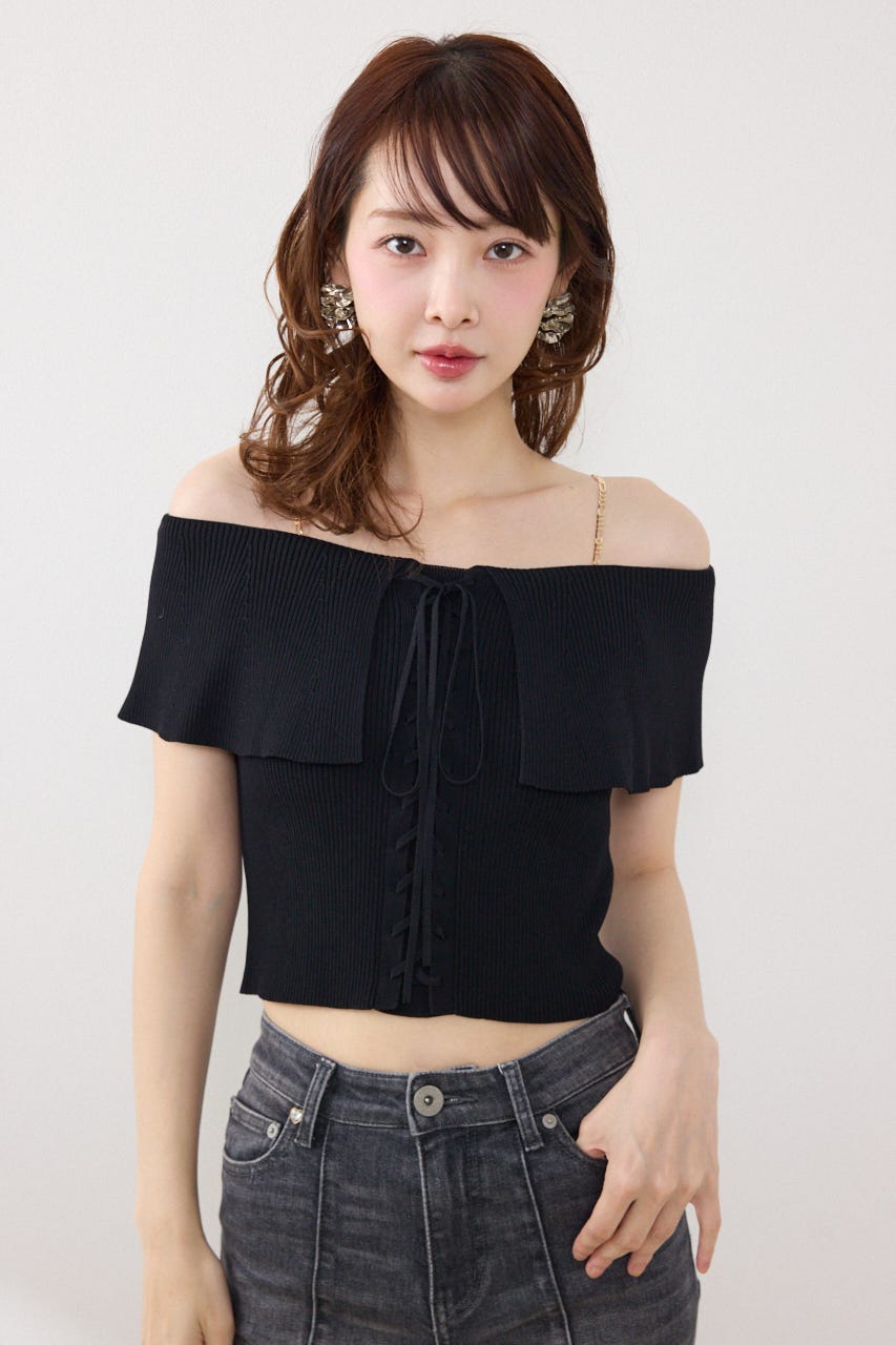 レースアップオフショルニットトップス BLK FREE