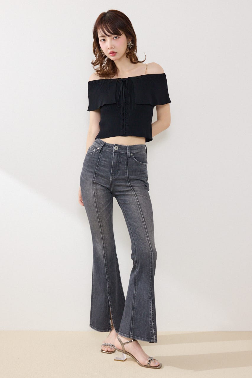 レースアップオフショルニットトップス BLK FREE