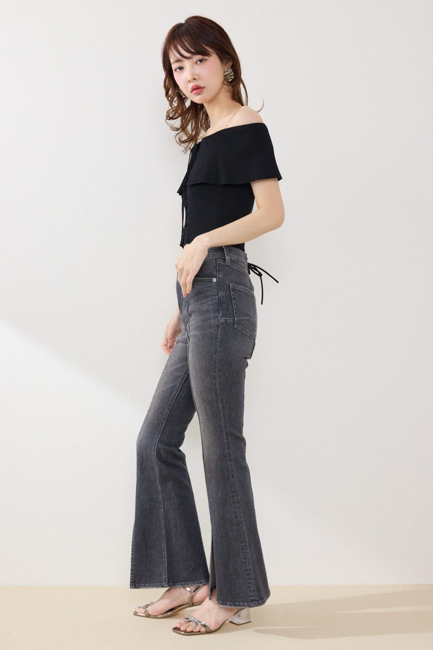 レースアップオフショルニットトップス BLK FREE