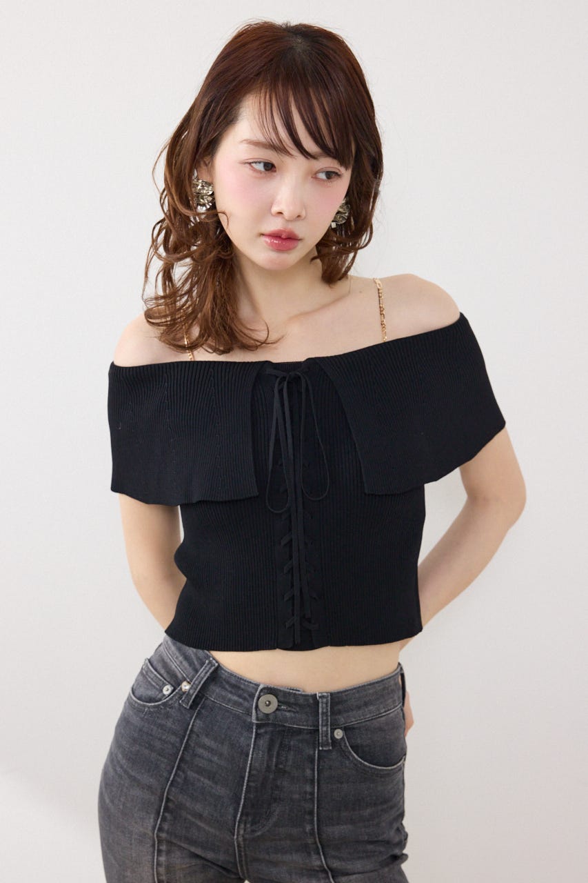レースアップオフショルニットトップス BLK FREE
