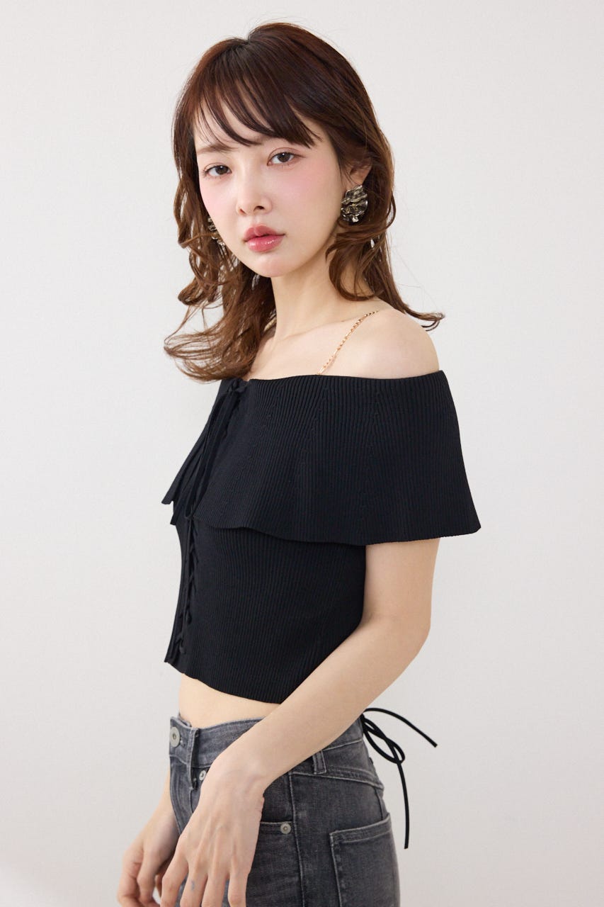 レースアップオフショルニットトップス BLK FREE
