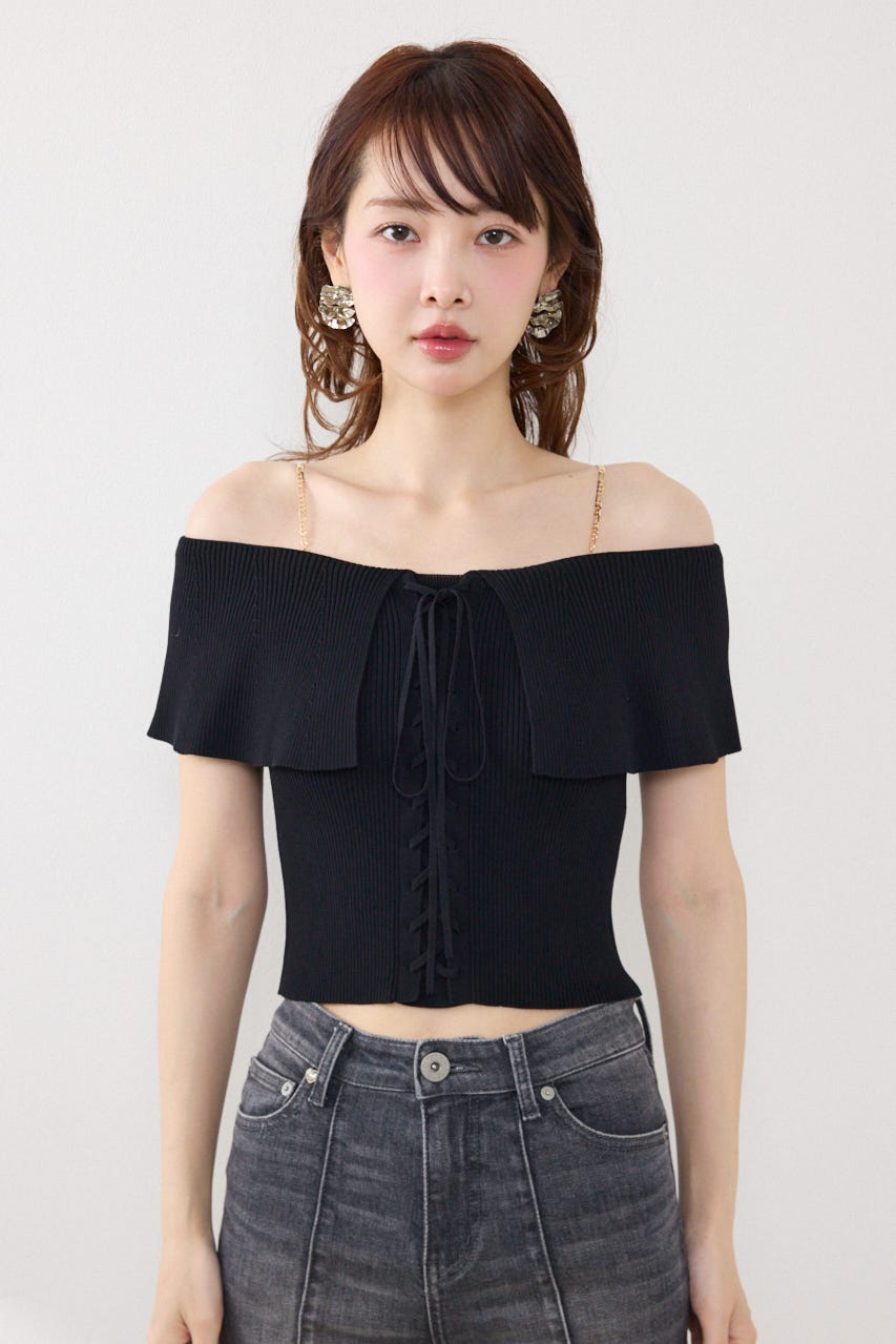 レースアップオフショルニットトップス BLK FREE