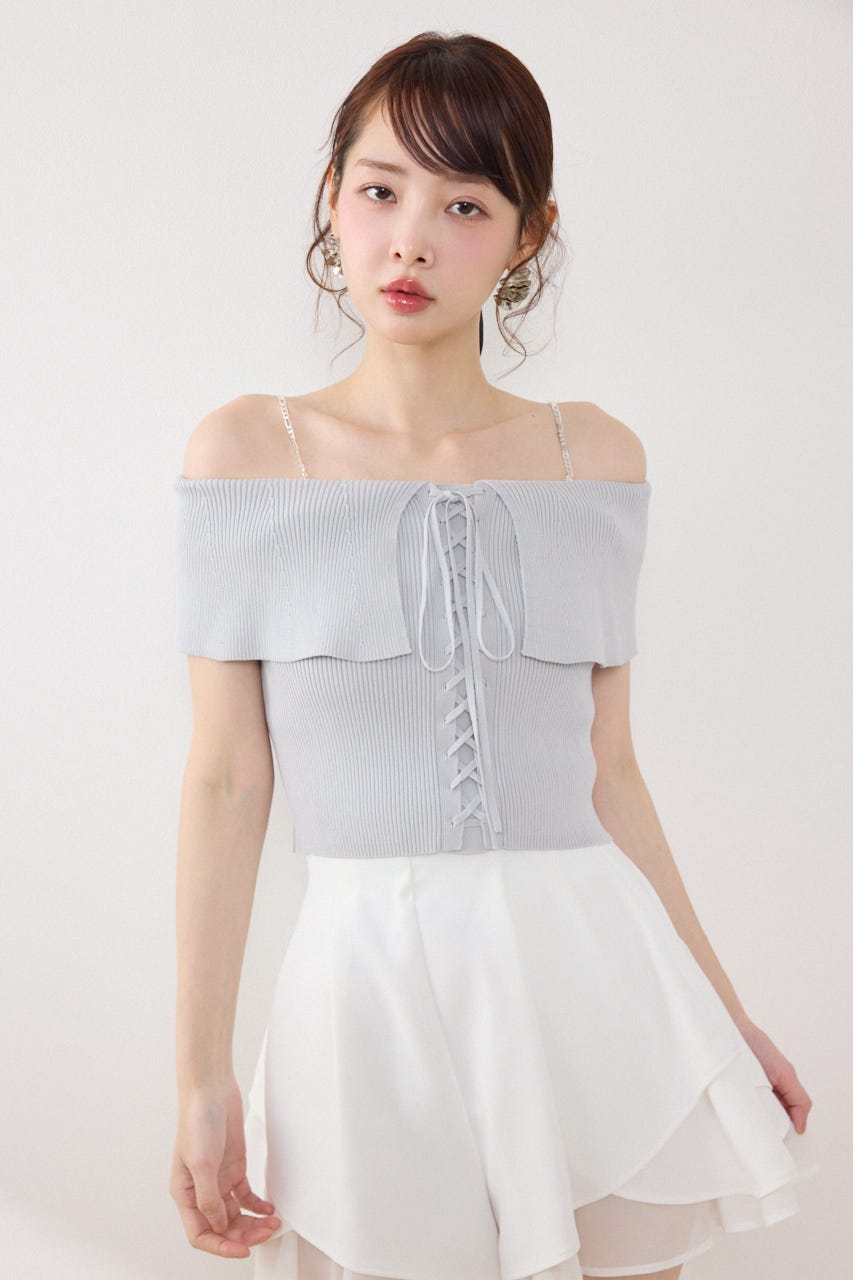 レースアップオフショルニットトップス L/BLU FREE