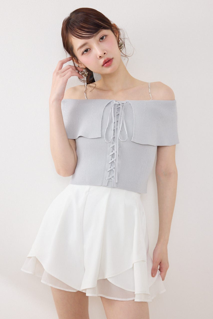 レースアップオフショルニットトップス L/BLU FREE
