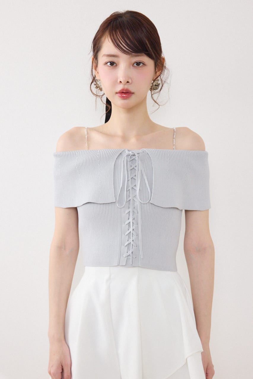 レースアップオフショルニットトップス L/BLU FREE