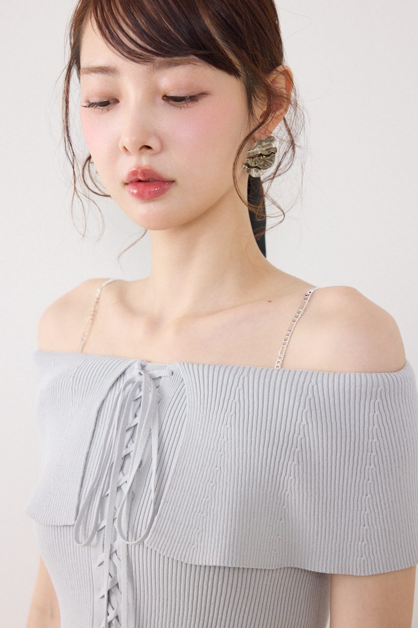 レースアップオフショルニットトップス L/BLU FREE