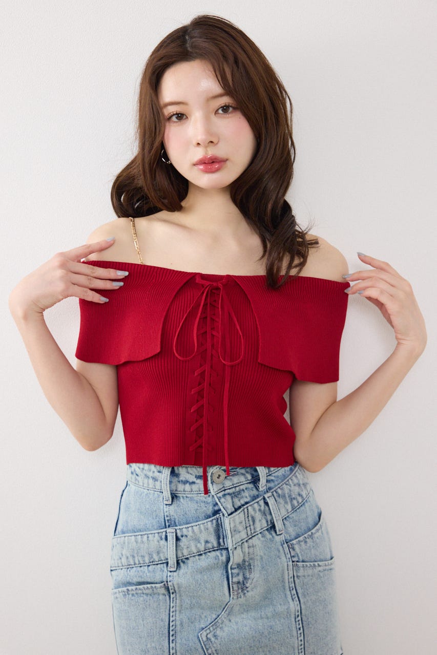 レースアップオフショルニットトップス RED FREE