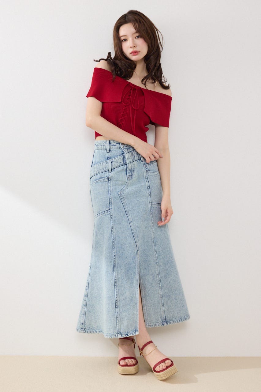 レースアップオフショルニットトップス RED FREE