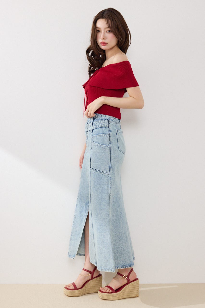 レースアップオフショルニットトップス RED FREE