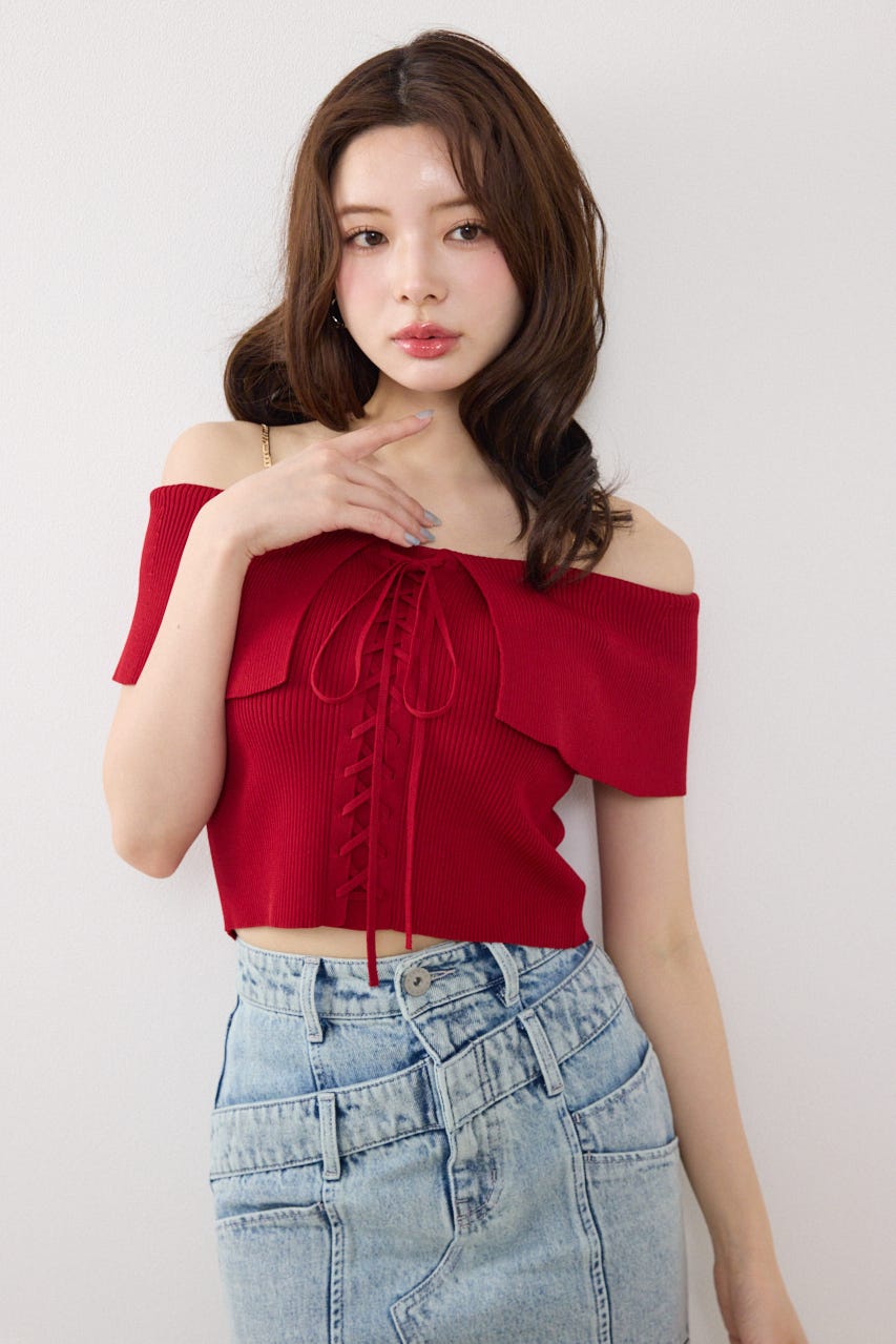 レースアップオフショルニットトップス RED FREE